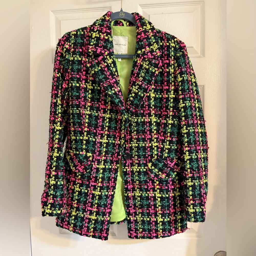 Anthropologie Avec Les Filles Neon Tweed Blazer M Lined Preppy